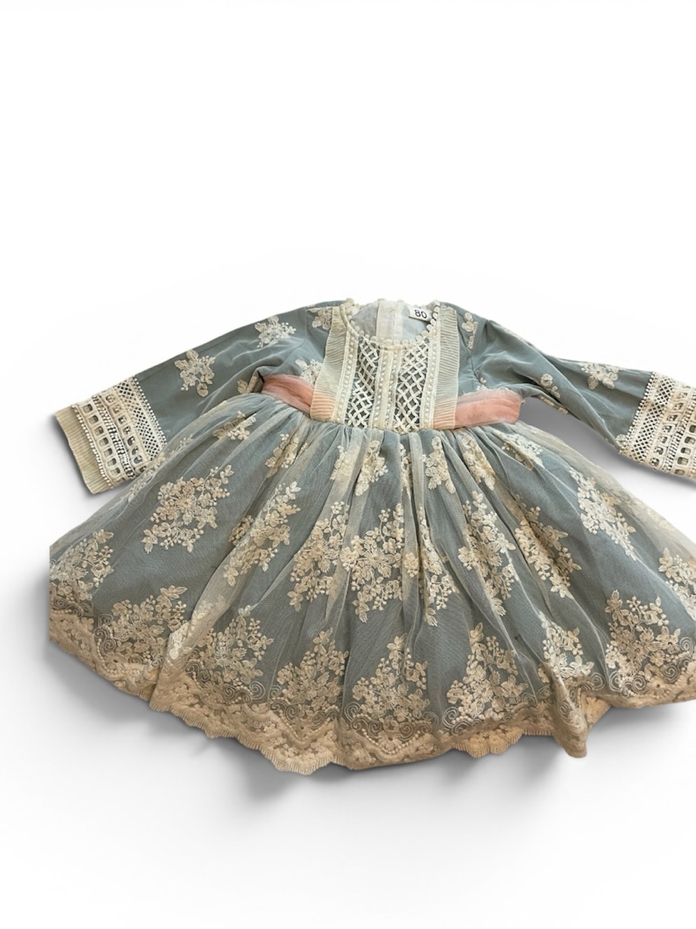 Elegant Blue Lace Floral Girls' Dress with Pink Sash
